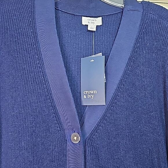 Cardigan by Crown & Ivy Navy Blue Goldtone Button Front Size L NWT - Picture 2 of 7